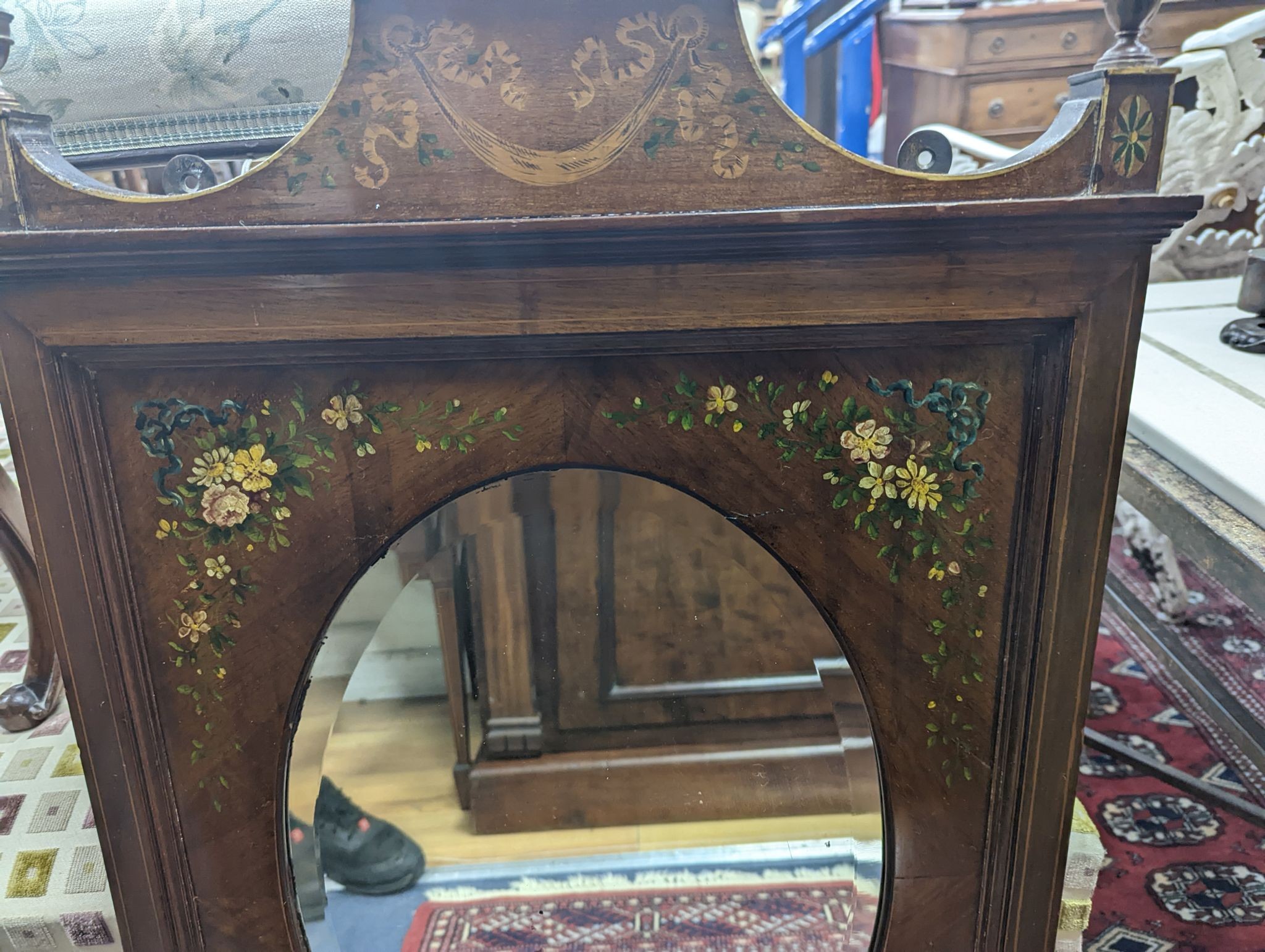 An Edwardian floral painted rectangular inlaid walnut wall mirror, with oval plate, width 50cm, height 91cm